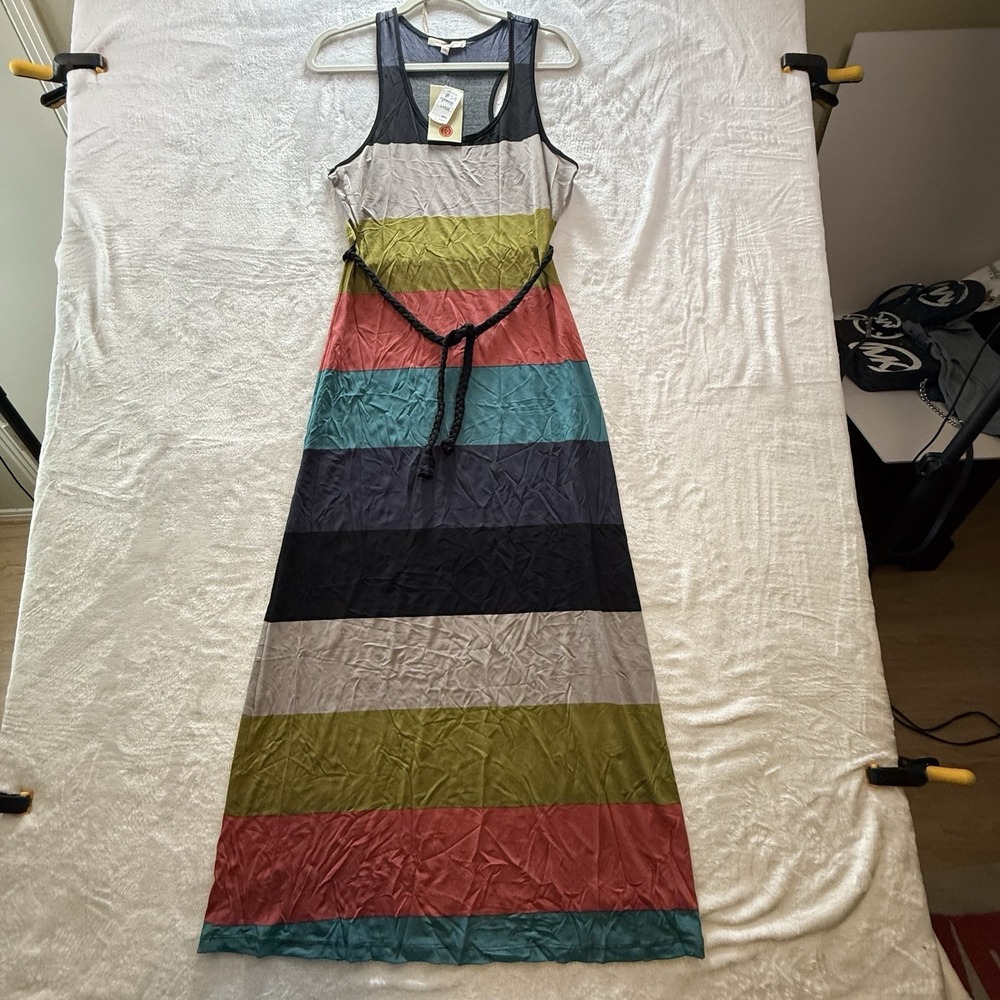 NWT Women's Sz L Casual Couture by Green Envelope Stripe Maxi Dress Stretch